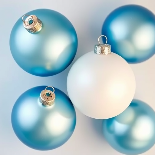 create a high-resolution digital illustration of four Christmas ornaments in varying shades of blue and white with a shiny finish, using a 50mm lens, f/2.8 aperture, and soft diffused lighting, captured from a top-down view with a DSLR camera for enhanced detail and clarity