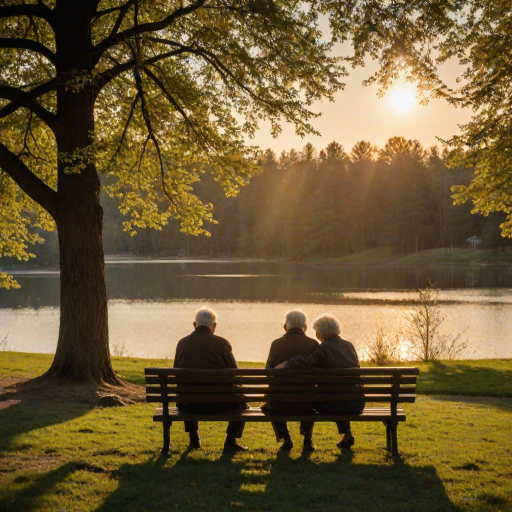 Warmly lit, peaceful scene of an old couple sitting on a bench in the park at dusk, their hands intertwined, with the sun setting behind a lake and trees casting long shadows over the grass.