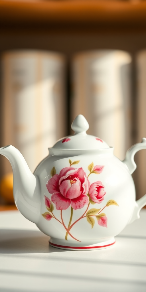 vintage porcelain teapot with pink floral design, soft natural lighting, 50mm lens, f/2.8 aperture, ISO 100, macro photography style, high-resolution image, clean white background