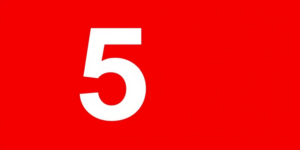 Create a high-resolution image of the number 5 in large white font on a bright red background, using a DSLR camera with a focal length of 50mm, aperture set to f/2.8, ISO 100, and taken from a frontal view to enhance clarity and depth.
