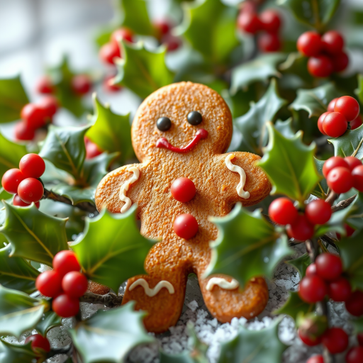 Create a highly detailed and vibrant illustration of a gingerbread man surrounded by holly leaves, using a macro lens with f/2.8 aperture, 50mm focal length, and natural lighting to enhance the colors and textures.