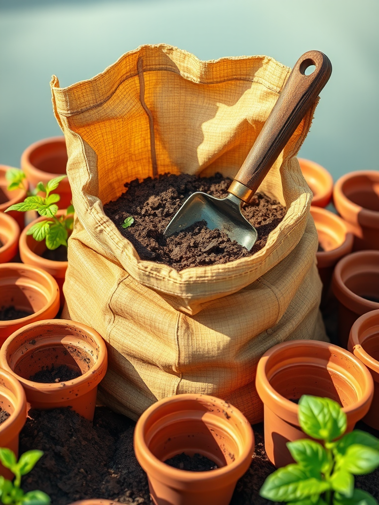 create a vibrant and detailed illustration of a bag of soil with a trowel, surrounded by empty terracotta pots, using a DSLR camera with a macro lens, f/2.8 aperture, ISO 100, 1/200s shutter speed, natural light to enhance color and texture.