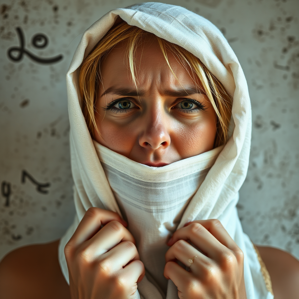 Create a close-up photographic image of a Romani woman with light skin tones shown against an old, worn wall. Their head is wrapped in a white cloth covering (i.e.... parts of the head except the nose and mouth, which are open as if they are screaming...), with a slight texture and visible folds in the fabric. Thin strands of blonde hair escape from the wrapping above, falling lightly at the top and sides. Their hands hold the fabric as if they are tugging nervously. The lighting is dramatic and even, casting strong shadows. The image has a minimalist and surreal style with an emphasis on simplicity with soft color tones. The composition is centered.
