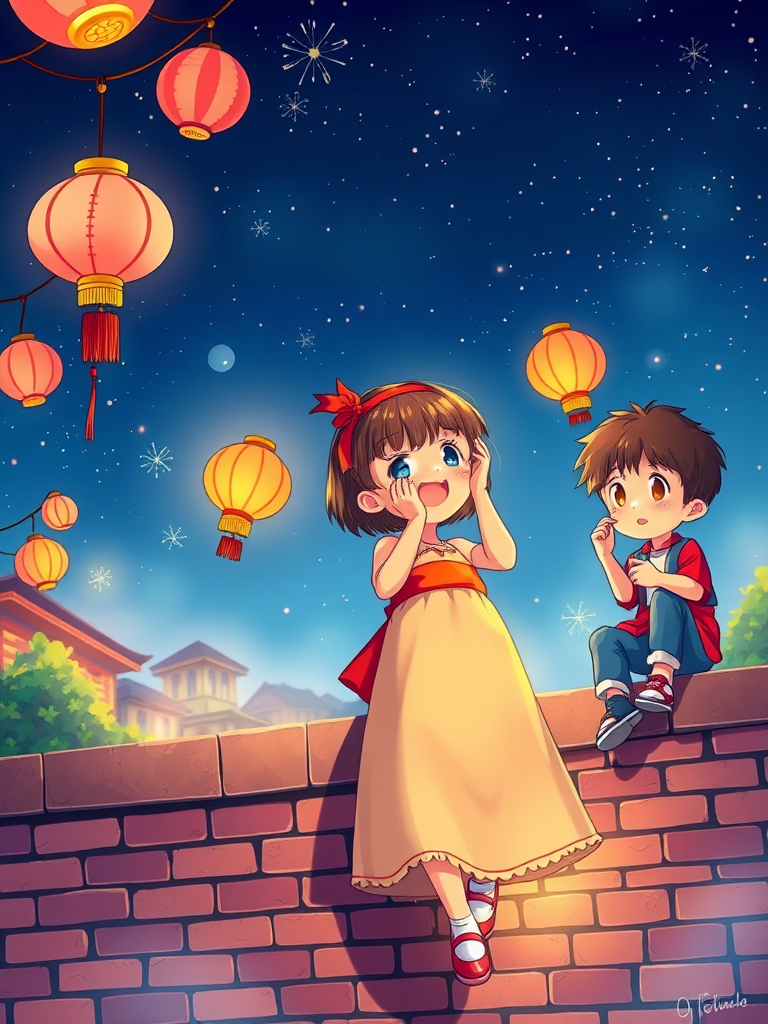 Create a vibrant illustration of two children celebrating a festival at night, one girl holding a colorful lantern and one boy sitting on a brick wall, starry sky in the background, using digital art style, 4K resolution, vibrant colors, soft lighting, and high contrast to enhance details.