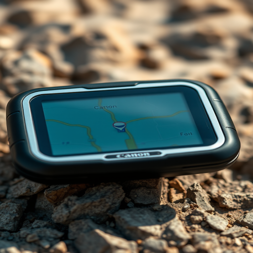Create a high-resolution illustration of a GPS device with a sleek modern design, using a Canon EOS R6 camera, 50mm lens, f/1.8 aperture, ISO 100, in a close-up view with natural lighting to enhance details and clarity.
