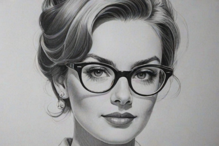 Attractive Mary Elizabeth Ellis, pencil sketch, portrait of Elegant woman 1962s in glasses, hair style beatnik, outline, clear lines, fine lines, 8k