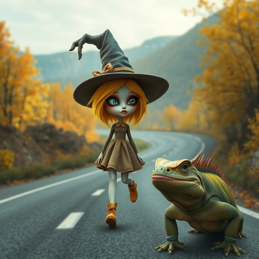 digital art fantasy depicting a strange girl with Yellow hair, long eyelashes, Yellow lipstick and a tall hat walking along a winding road on an autumn afternoon, an Iguana smiles as she passes