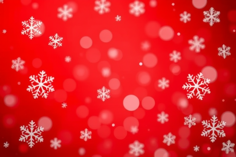 Create a festive background featuring a red color palette with varying sizes of snowflakes scattered throughout. Include soft bokeh effects to enhance the winter atmosphere.