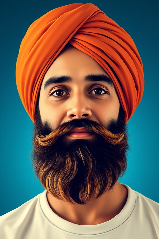 Create a vector-style portrait of a man with a beard and turban, set against a gradient blue background, captured with a 50mm lens, f/2.8 aperture, ISO 100, and soft lighting to enhance details and colors.