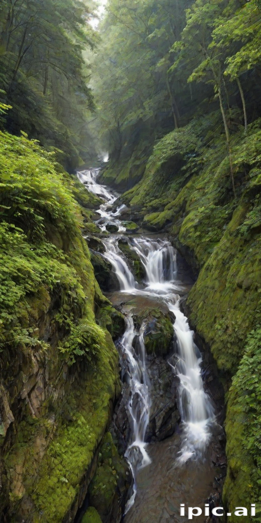 Tranquil Forest Waterfall Cascading Through Lush Greenery and Mossy Rocks