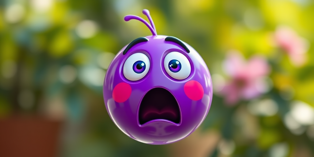 Create a vibrant and expressive cartoon-style image of a surprised purple emoticon with glossy effects, using a Canon EOS R5 camera with a 50mm f/1.2 lens, aperture set at f/2.8, ISO 100, captured in natural light, ensuring a soft bokeh background to enhance the focus on the emoticon's facial features.