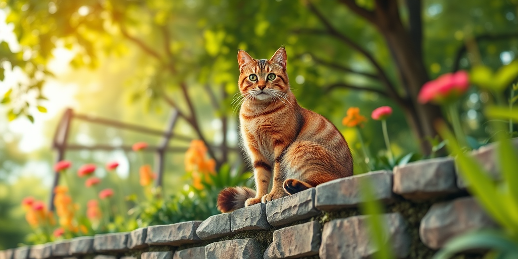 Create a vibrant illustration of a large cat sitting on a stone wall in a lush garden, taken with a Canon EOS R5 at f/2.8, 1/200s, ISO 100, using a shallow depth of field to emphasize the cat and blur the background, captured from a low angle perspective to enhance the scene's depth.
