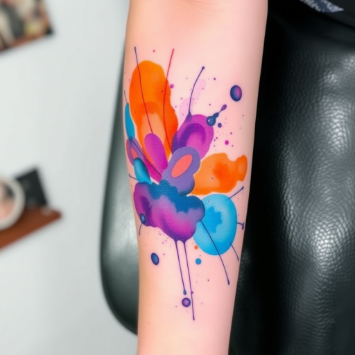 Vibrant watercolor splash tattoo named "Chromatic Symphony" featuring bright hues of blue, purple, and orange blending seamlessly across the skin creating an abstract masterpiece with delicate splatters and smooth gradients