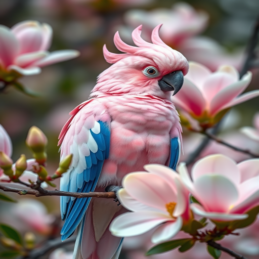 A vivid close-up of a pink and blue cockatoo perched on a branch surrounded by blooming magnolia flowers, with soft bokeh background, taken with a Canon EOS R5, 85mm f/1.4 lens, aperture set to f/2.8, ISO 200, shutter speed 1/200s, in natural light to enhance details and colors.