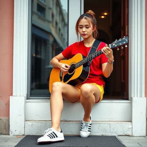 Ultra-realistic and very detailed image, high resolution and definition of a young woman, a rocker. She's sitting on the step of a doorway, with one leg stretched out, playing an acoustic guitar. The young woman is wearing a red T-shirt and yellow shorts. Adidas trainers. The door is glazed and mirrors the street.