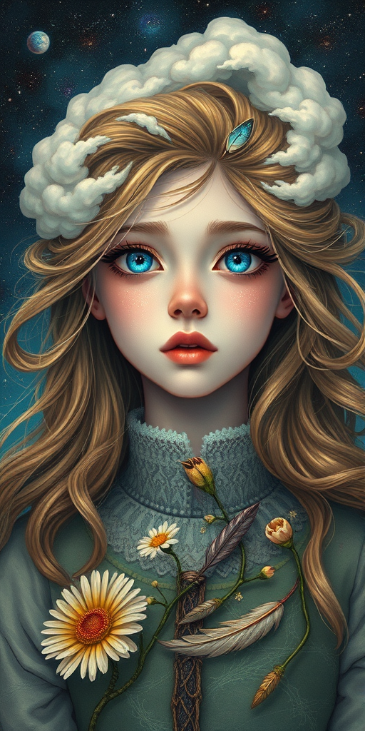 Create a series of imaginative portraits where each subject is infused with elements of fantasy and nature. The hair of the individuals should flow like clouds, varying from soft, fluffy cumulus to wispy cirrus strands, with hints of color reflecting a sunset or a clear blue sky. The eyes should be windows to entire galaxies, with stars, nebulae, and distant planets visible within them. Clothing should be adorned with nature motifs, such as floral patterns that bloom and change, vines that seem to grow and wrap around, or feathers that shimmer with iridescence. Each portrait should capture a unique personality, blending human features with the ethereal beauty of the natural and cosmic world. The backgrounds can vary, from starry night skies to enchanted forests, adding depth and context to the magical realism of the portraits