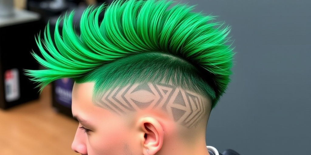 Striking emerald green mohawk dubbed Emerald Punk boasting a perfectly sculpted shape with shaved sides and intricate geometric patterns buzzed into the scalp exuding confidence and individuality