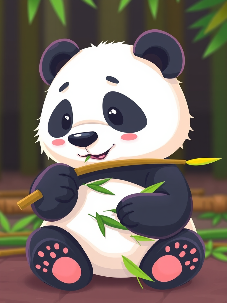 Create a cute, cartoon-style panda sitting and eating bamboo, with vibrant colors and a simple background, using a Canon EOS R5 with a 50mm f/1.2 lens, aperture set to f/2.8, shutter speed 1/200, ISO 100, soft lighting and shallow depth of field.