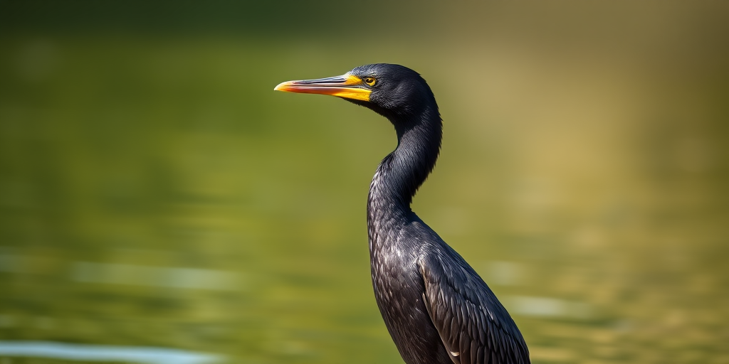 regenerate an image of a cormorant standing by the water with a shallow depth of field, ISO 400, f/5.6, 1/200s, 85mm lens, taken from eye level in natural light to enhance clarity and detail