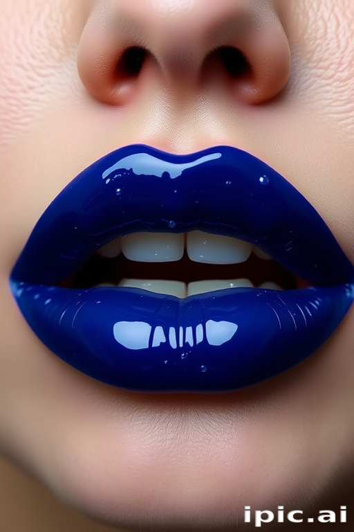 Deep sapphire blue lip lacquer named "Midnight Ocean," boasting intense pigmentation and a glossy, vinyl-like shine