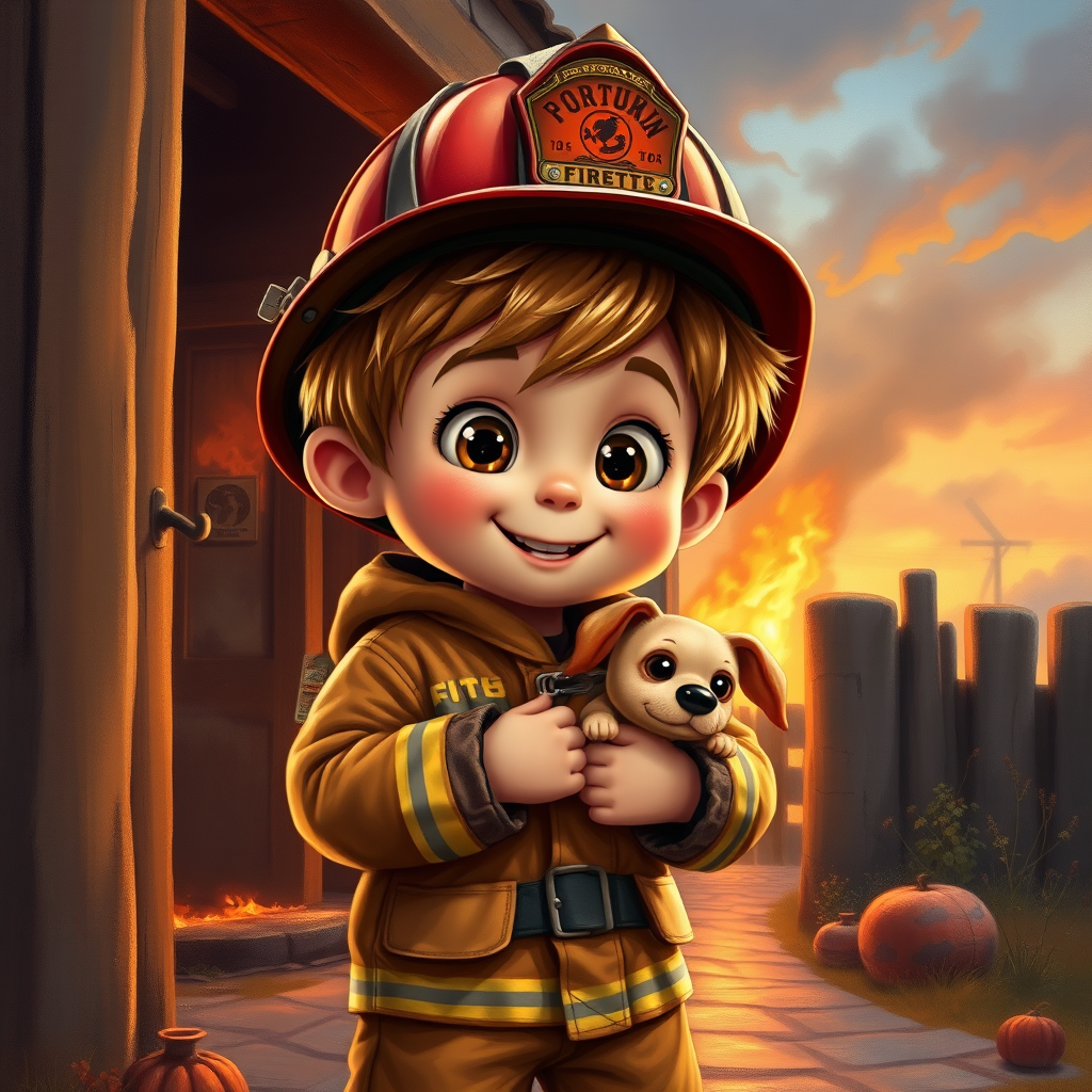 airbrushed oil painting, pixar style, cute little boy in fireman gear, helmet, tousled hair, expressive eyes, standing in the doorstep of a cottage burning behind him, holding a cute little dog in his arm, atumn sky