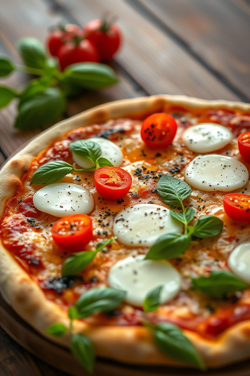 Create an image of a gourmet pizza topped with fresh mozzarella, cherry tomatoes, and basil, captured with a Canon EOS R5, 50mm lens, f/1.8 aperture, ISO 200, in natural light, with a shallow depth of field to enhance the details and a rustic wooden background.
