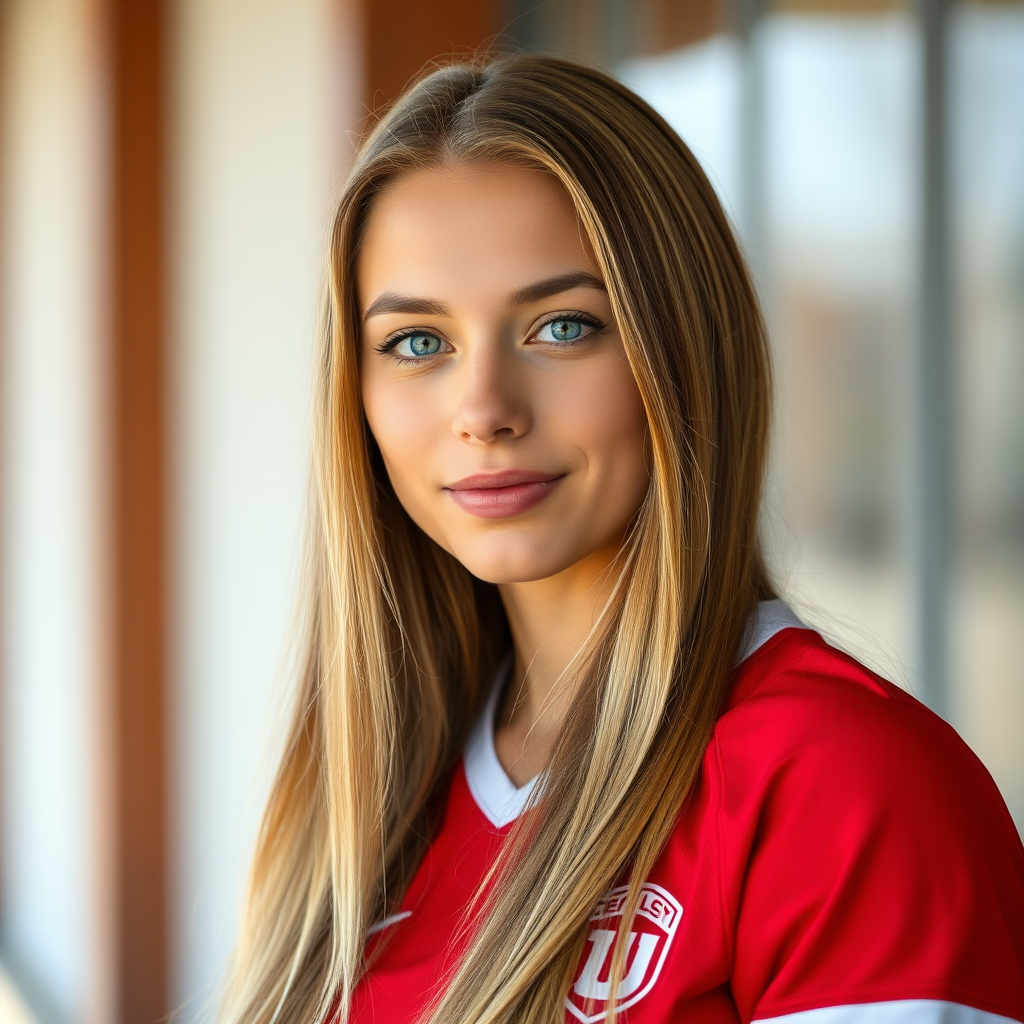 Generate a high-resolution portrait of a young woman with long blonde hair wearing a red sports jersey, captured with a Canon EOS R5, 85mm lens, f/1.8 aperture, ISO 100, in natural daylight for enhanced skin tones and detail.