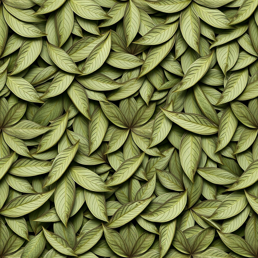 Create a seamless pattern of interwoven leaves in muted green tones, shot with a DSLR camera at f/8 aperture, ISO 100, 50mm lens, in a flat lay view with soft diffused lighting to enhance texture and detail.
