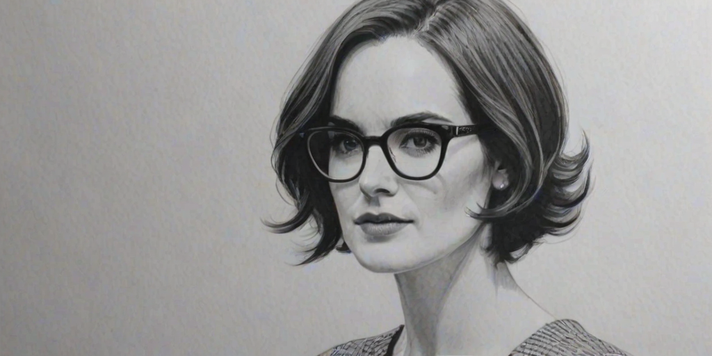 Wonderful Michelle Dockery, pencil sketch, portrait of Sublime woman 1966s in glasses, hair style beatnik, outline, clear lines, fine lines, 8k