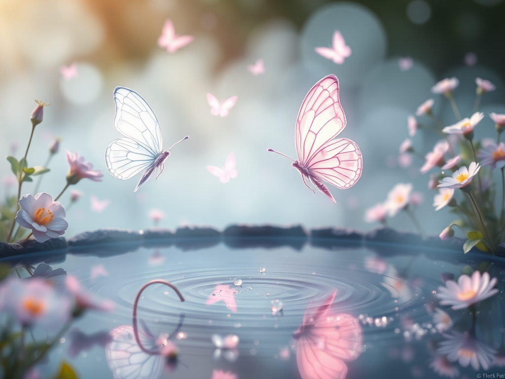 Create a serene fantasy scene featuring ethereal butterflies with glowing wings fluttering around a tranquil pond. The background should include softly lit flowers and delicate plants, all surrounded by a misty ambiance. The color palette should be soft pastels, emphasizing shades of pink, lavender, and light blue, with shimmering reflections on the water's surface.