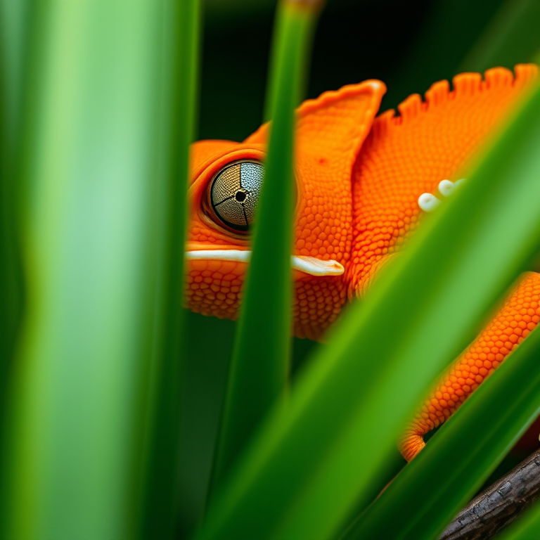 Capture a close-up of a vibrant orange chameleon partially hidden among green leaves, using a Canon EOS R5 with a 100mm f/2.8 macro lens, aperture set to f/2.8, ISO 100, and a shutter speed of 1/200 second for enhanced detail and depth of field.