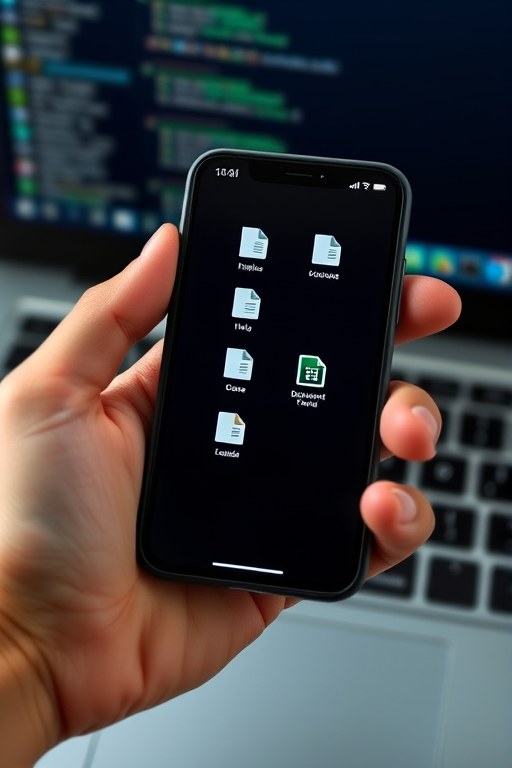A close-up shot of a human hand holding a smartphone displaying document icons against a blurred computer keyboard background, using a DSLR camera with a 50mm f/1.8 lens, aperture set to f/2.8, ISO 100, and a shutter speed of 1/125 seconds, with natural lighting for enhanced clarity and depth.