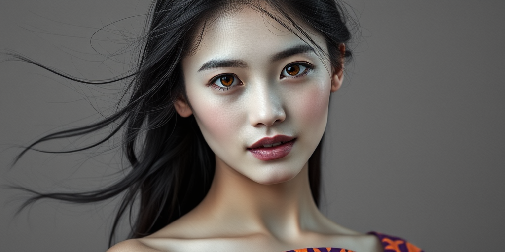 Photographic image of a beautiful young Hmong woman, orange eyes, lips with cyan lipstick, long hair fluttering in the wind and wearing a silk strapless dress with a soft purple and orange print. monochrome image with only color highlights in the iris of the eyes, lipstick and dress. Gray background.