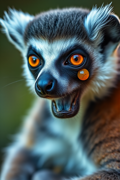 close-up portrait of a lemur with piercing orange eyes, shallow depth of field, f/2.8 aperture, ISO 200, natural lighting, Canon EOS 5D Mark IV, 85mm lens, soft focus background, high detail