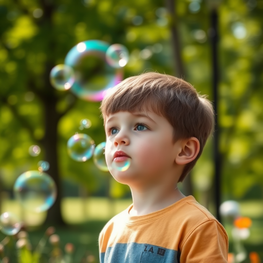 Softly focused photo of a young boy blowing bubbles in a park, the bubbles catching soft rainbow hues from the sunlight, with green trees and flowers blurred in the background.