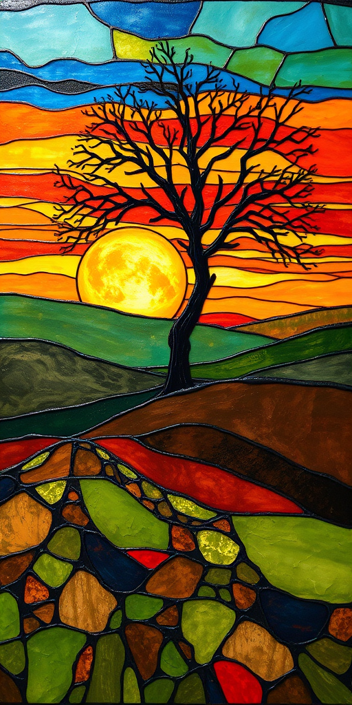 A vibrant abstract painting on Tiffany Glass, blending acrylic and alcohol ink techniques, captures a dramatic sunset over rolling hills. The artwork features a textured, rocky foreground in green and brown, layered abstract hills, and a striking sunset in rich oranges, yellows, and reds. A solitary black tree with intricate branches contrasts against the fiery sky, creating a dynamic and expressive portrayal of a breathtaking natural scene.