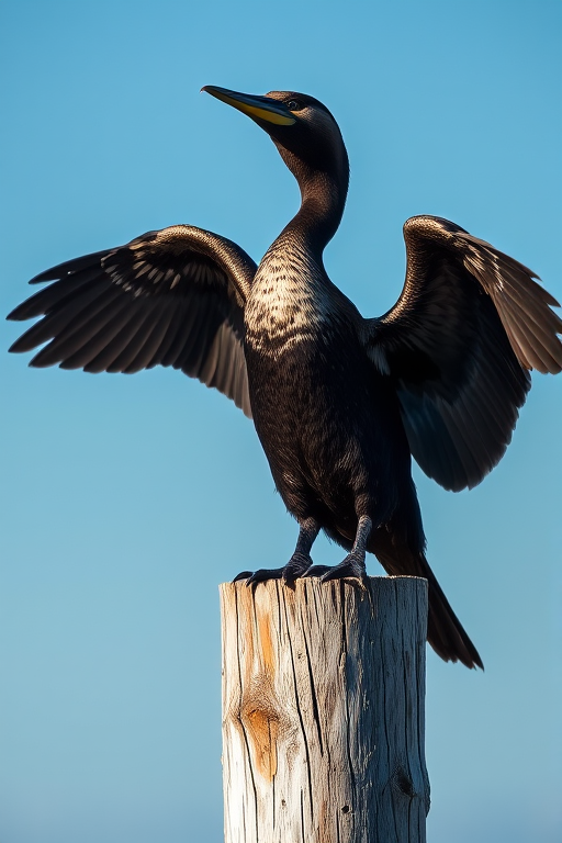capture a cormorant drying its wings on a wooden post under a clear blue sky, use a DSLR camera with a 200mm lens, aperture set to f/5.6 for background blur, ISO 200 for sharpness, shutter speed 1/1000 sec to freeze motion, focus on the bird with a shallow depth of field, high-resolution image