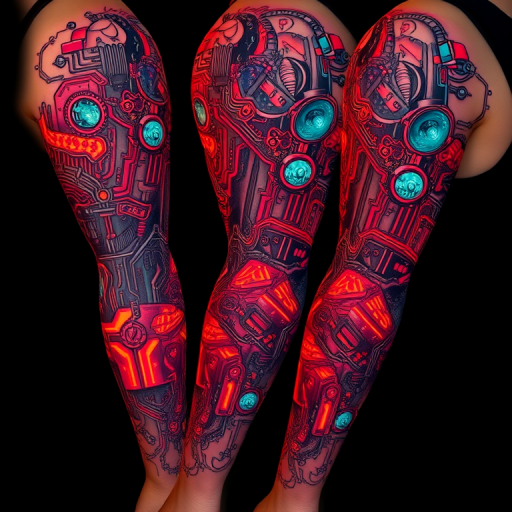 Cyberpunk-inspired circuitry tattoo with glowing neon accents and intricate technological details, seamlessly blending organic and mechanical elements across the entire arm sleeve