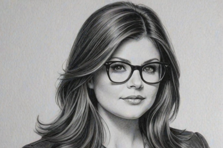 Enchanting Tiffani Thiessen, pencil sketch, portrait of Dazzling woman 1975s in glasses, hair style beatnik, outline, clear lines, fine lines, 8k