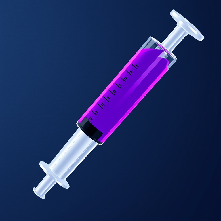 Create a high-resolution digital illustration of a syringe with a transparent barrel filled with a vibrant purple liquid, featuring a textured background; camera settings: ISO 100, f/2.8, shutter speed 1/60s; camera view: close-up; camera style: realistic; camera type: DSLR.