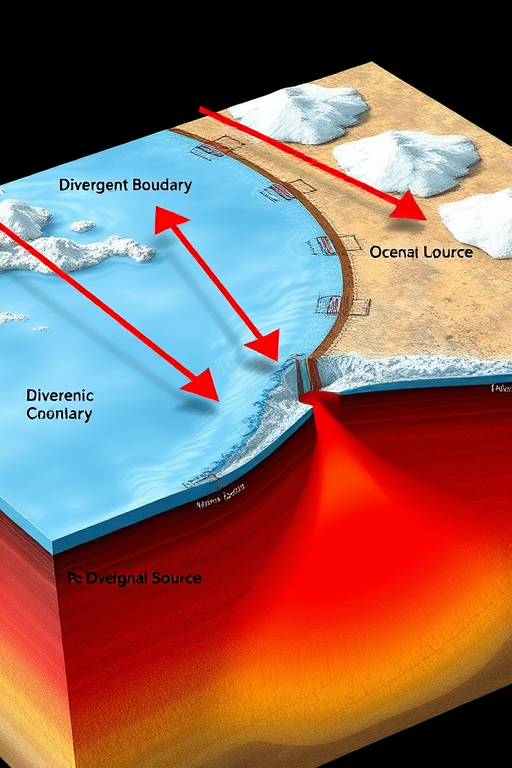 Generate a high-resolution illustration of tectonic plate movement with arrows indicating direction over oceanic crust and a red magma source at a divergent boundary, using a macro lens, f/8 aperture, 1/125 sec shutter speed, and 24mm focal length, with vibrant colors and clear labels.