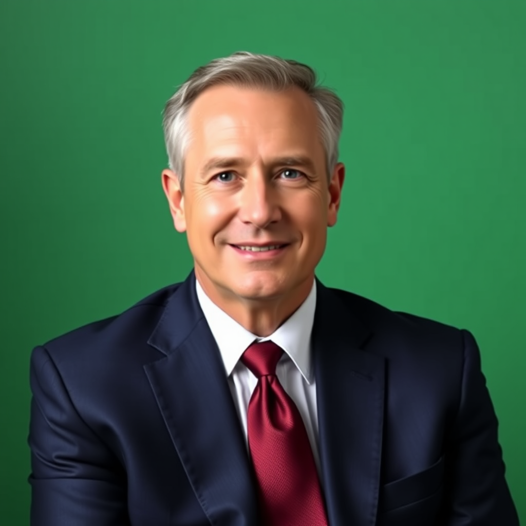 portrait of a middle-aged man in a navy suit with a maroon tie sitting confidently against a plain green background, natural light, aperture f/2.8, shutter speed 1/125s, ISO 200, 85mm lens, soft focus, DSLR camera