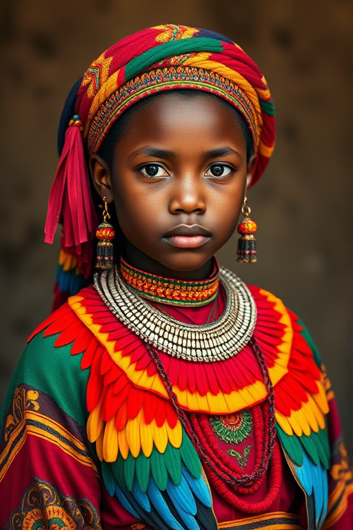 A beautiful Amhara girl, wearing colorful bird clothing with vibrant colors