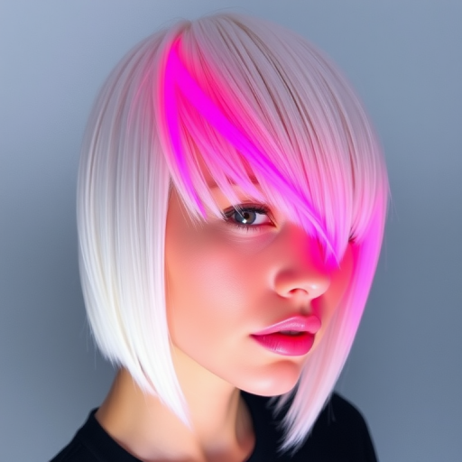 Sleek platinum blonde bob with razor-sharp edges and a single neon pink streak running asymmetrically through the fringe, exuding futuristic chic energy known as Cyber Frost
