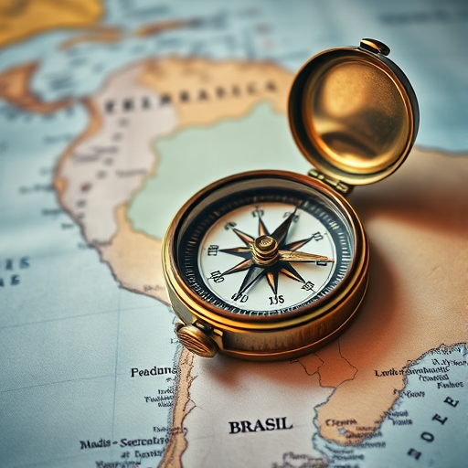 Close-up of a vintage compass on an antique map of Brazil, natural light, f/2.8 aperture, ISO 100, 50mm lens, shot from a slightly elevated angle, DSLR camera, focus on the compass details.