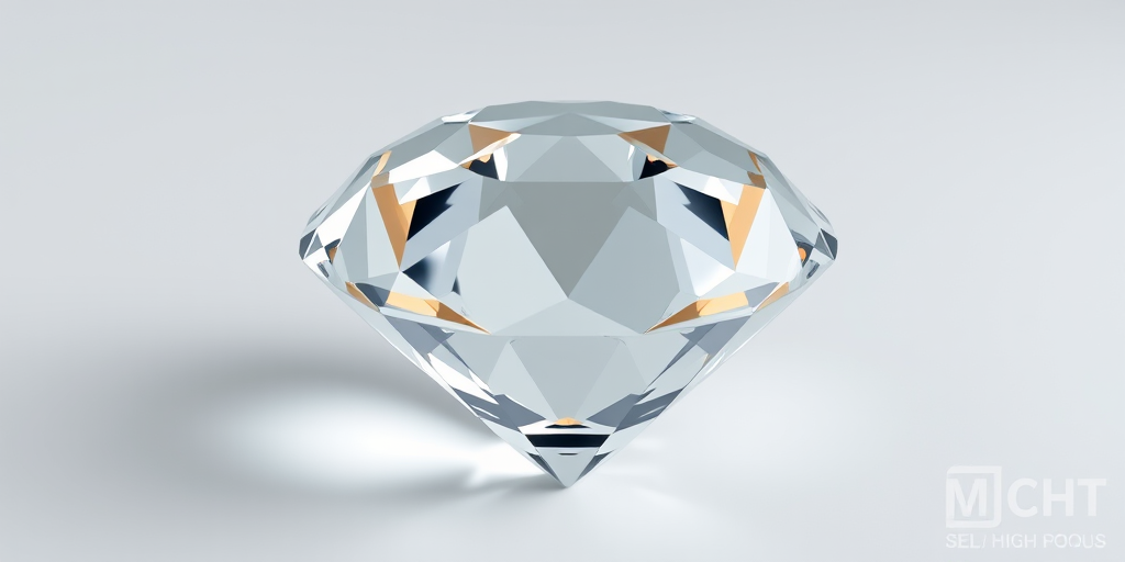 Create a high-resolution image of a 3D diamond shape with clear facets and a polished surface, using a DSLR camera with a 50mm lens, aperture set to f/8, ISO 100, and a softbox lighting setup for even illumination.