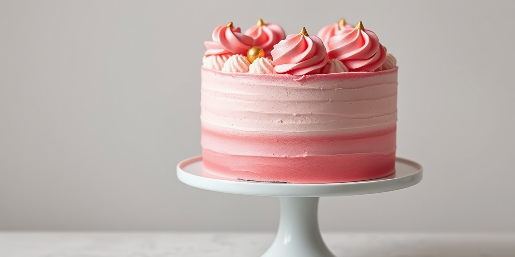 Create an image of a beautifully decorated cake with a gradient pink frosting, topped with pink macarons, swirls of frosting, and edible gold accents, placed on a white cake stand against a neutral background.