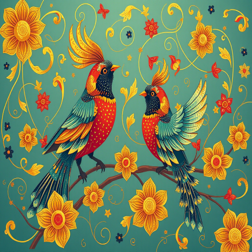 Create a vibrant and intricate illustration of stylized birds and floral patterns with swirling lines and golden accents, high-resolution, shot with a Canon EOS R5 at f/8, ISO 100, 50mm lens, soft lighting and vivid colors.
