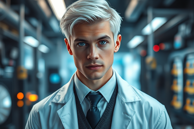 Create a highly detailed portrait of a young male scientist with silver hair and piercing eyes, wearing a white lab coat over a dark vest and tie, in a futuristic laboratory setting with glowing equipment, shot in 85mm lens at f/1.4, ISO 100, with soft high-key lighting and a slight bokeh effect in the background to emphasize the subject.