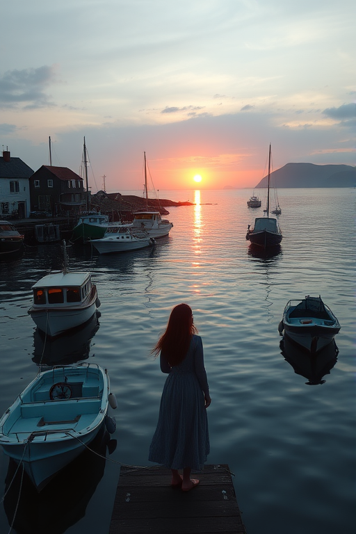 Quiet fishing village at dawn, boats bobbing gently in the harbor, and a woman standing at the edge of the pier, watching the sun rise over the calm waters.